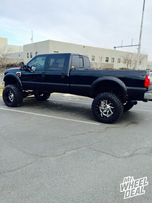 22x14 Fuel Renegade Black and Chrome wheels with 40x15.50r22 Toyo Open Country MT tires on a 2008 Ford F350 22x14" Black and Chrome Fuel Renegade wheels with 40x15.50r22 Toyo Open Country MT tires on a 2008 Ford F-350