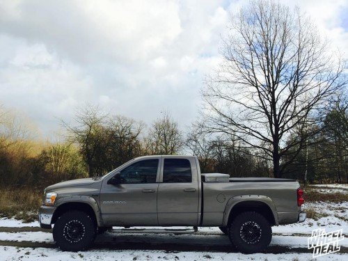 Black 17x8" Tuff T01 +10mm wheels with 35x12.50x17 Atturo Trail Blade MT tires on a 2006 Ram 1500 2006 Ram 1500 with 17x8 Tuff T01 +10mm Black wheels with 35x12.50x17 Atturo Trail Blade MT tires