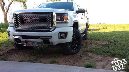 20x9" Gear Big Block Wheels with LT275/65/20 Nitto Terra Grappler Tires on a 2015 Sierra 2500 2015 GMC Sierra 2500 with 20x9 Gear Big Block Black and Milled Wheels with LT275/65/20 Nitto Terra Grappler Tires